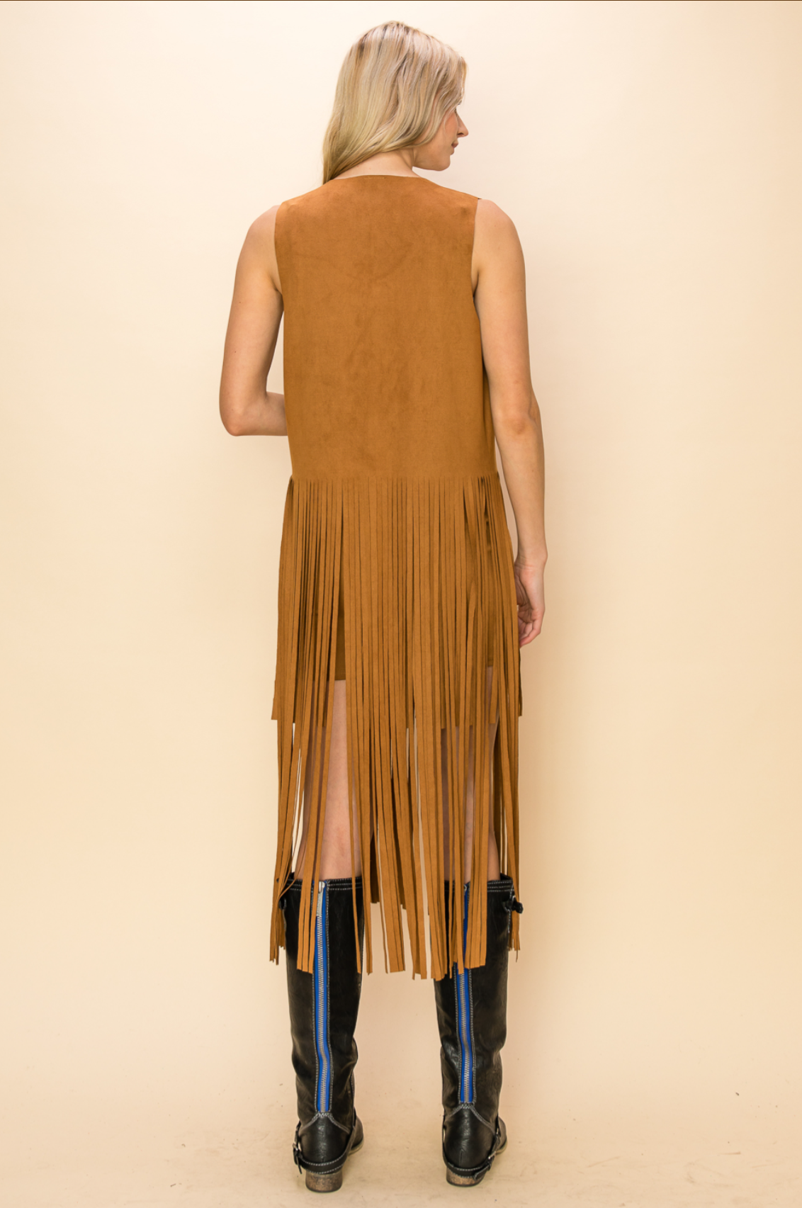 Faux Suede Long Vest with Fringe