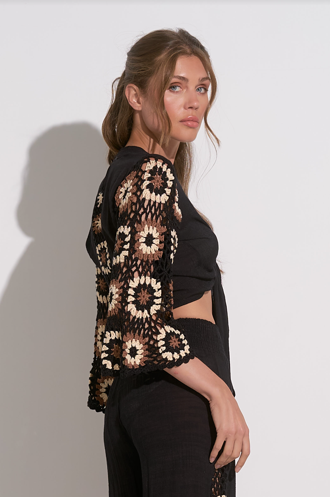 Tie Front Crochet Sleeves Top