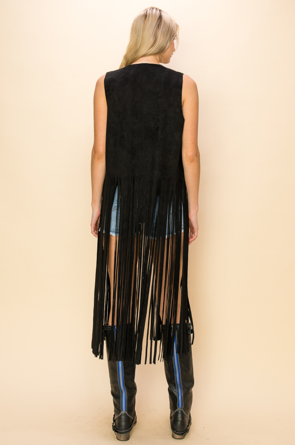 Faux Suede Long Vest with Fringe