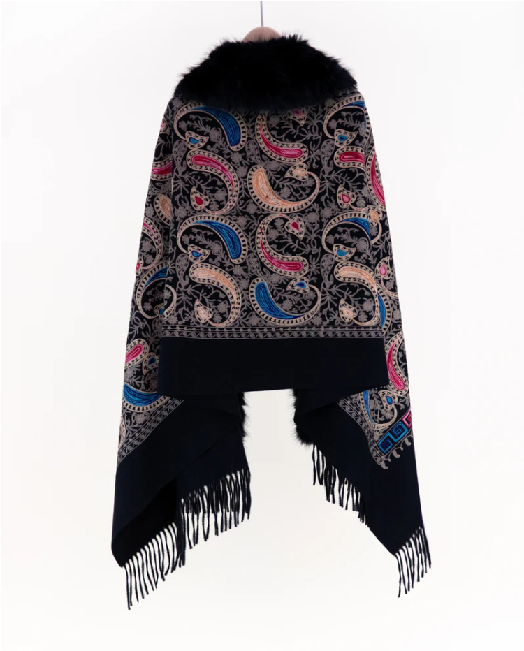 Embroidered Baroque Paisley Faux Fur Edge Scarf