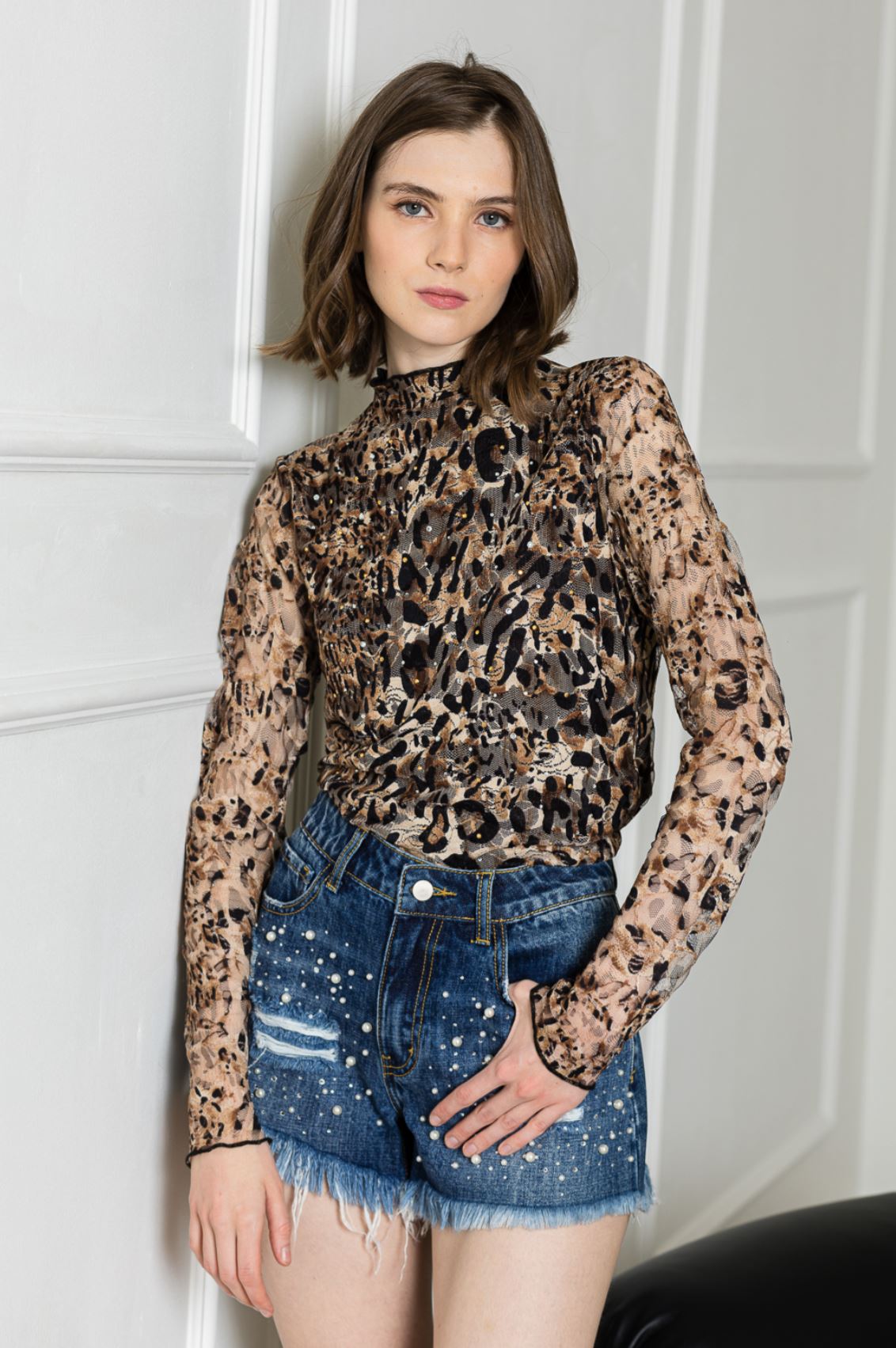 Animal Print Lace Mock Neck Top