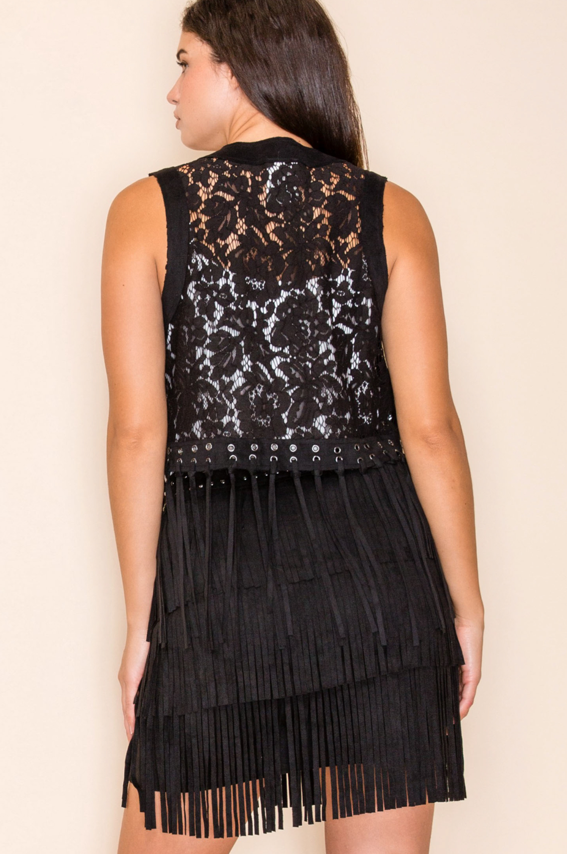 Open Front Studded Vest with Sheer Lace Panels