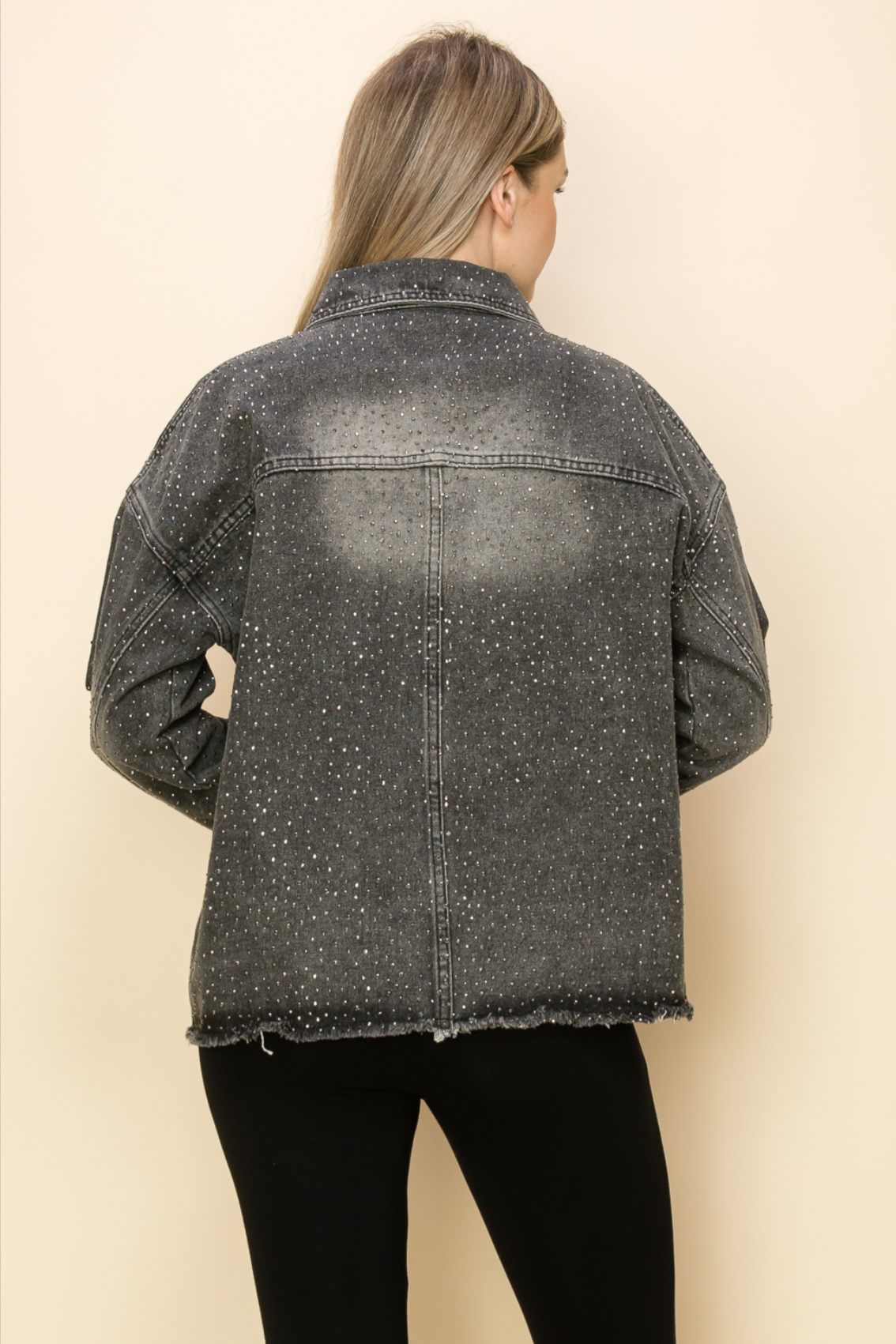 Frayed Hem Denim Knit Jacket with Rhinestones