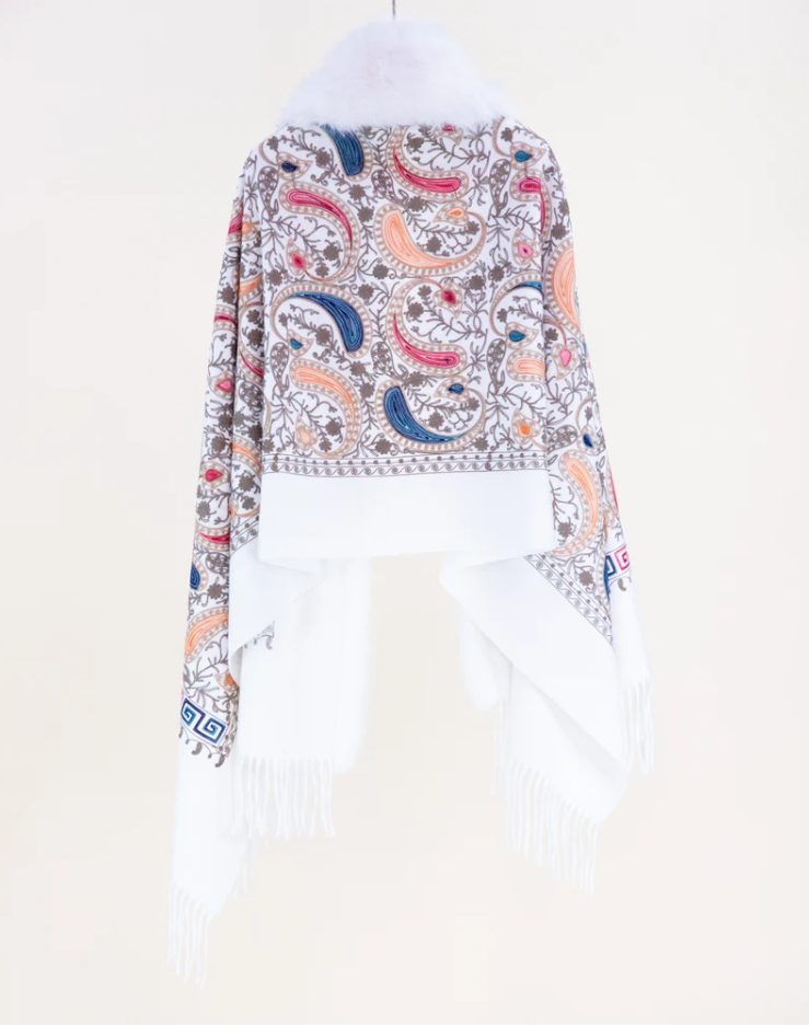Embroidered Baroque Paisley Faux Fur Edge Scarf
