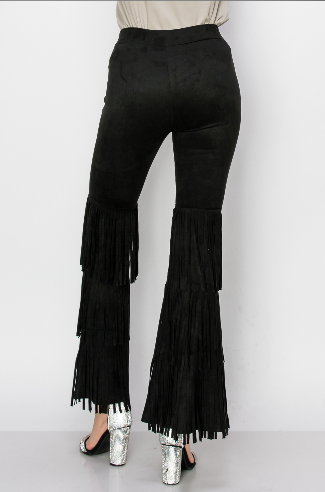 High Rise Suede Knit Bell Bottom Pants with Fringes