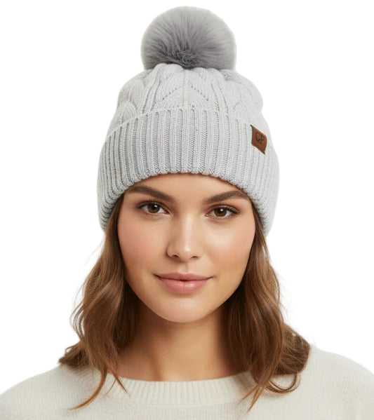 Micro Sequined Cable Knit Fleece Pom Pom Beanie