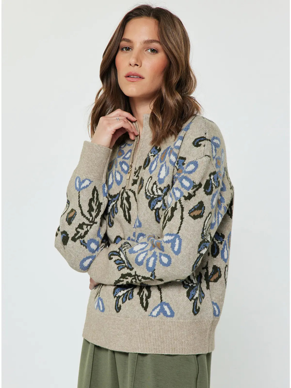 Pattern Jacquard Half Zip Sweater