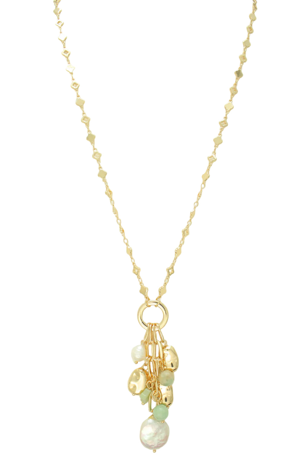 Long Beaded Necklace with Pendant Cluster