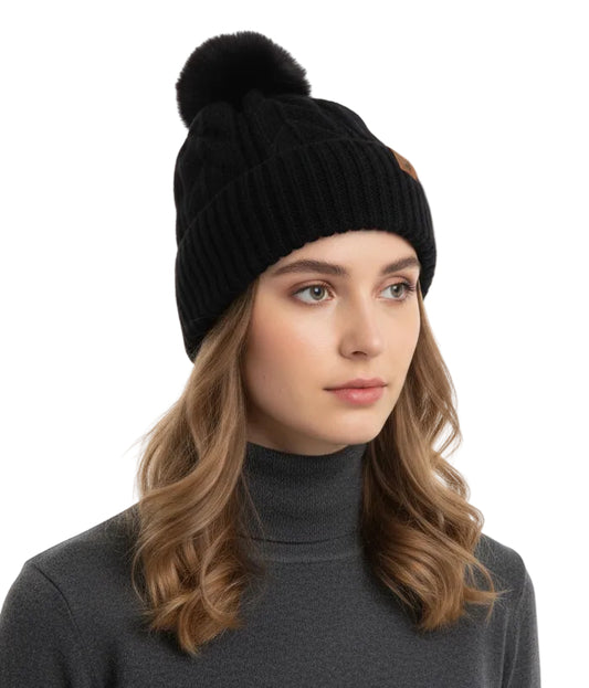 Micro Sequined Cable Knit Fleece Pom Pom Beanie