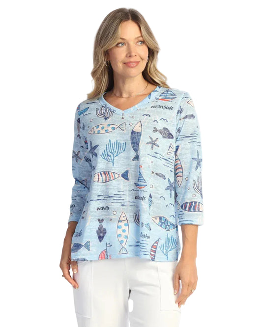 3/4 Sleeve Burnout V-Neck Top - Newport