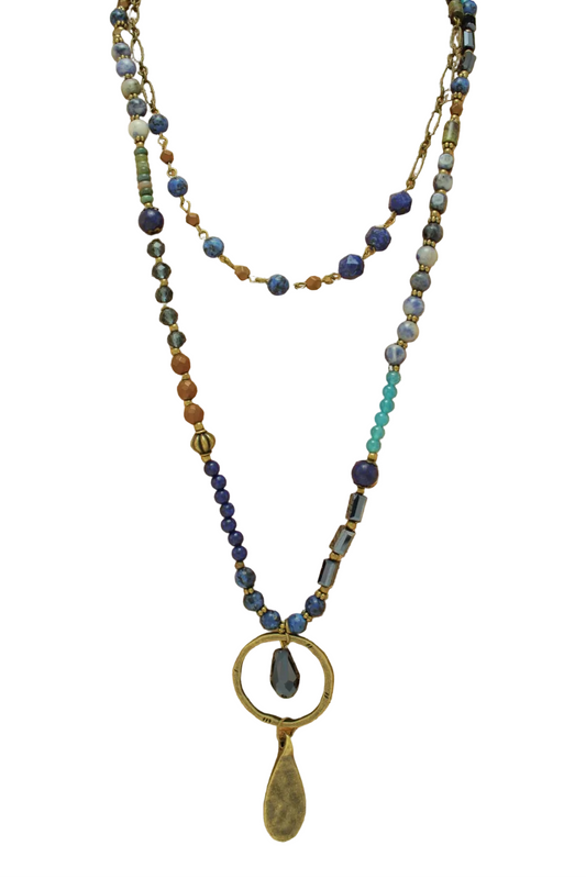 Mix Media Long Beaded Necklace with Crystal
