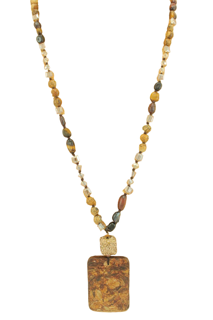 Long Beaded Necklace with Rectangle Pendant