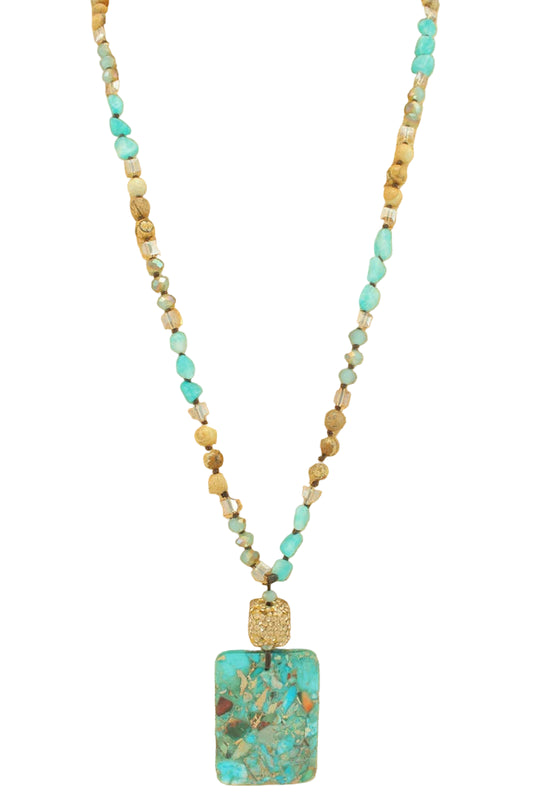 Long Beaded Necklace with Rectangle Pendant