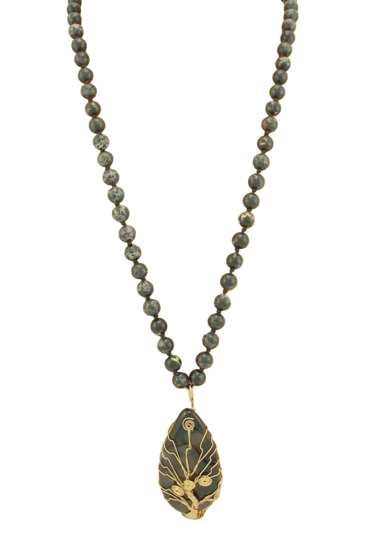Long Beaded Necklace with Pendant - Tree