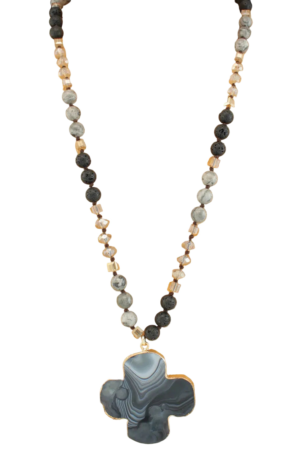 Long Beaded Necklace with Cross Stone Pendant