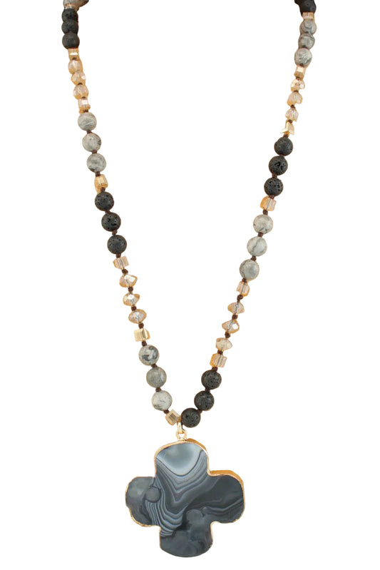 Long Beaded Necklace with Cross Stone Pendant