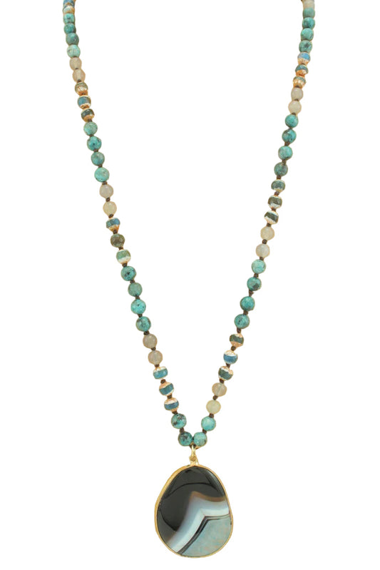 Long Beaded Necklace with Oval Pendant