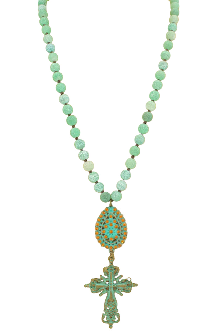 Long Beaded Necklace with Cross