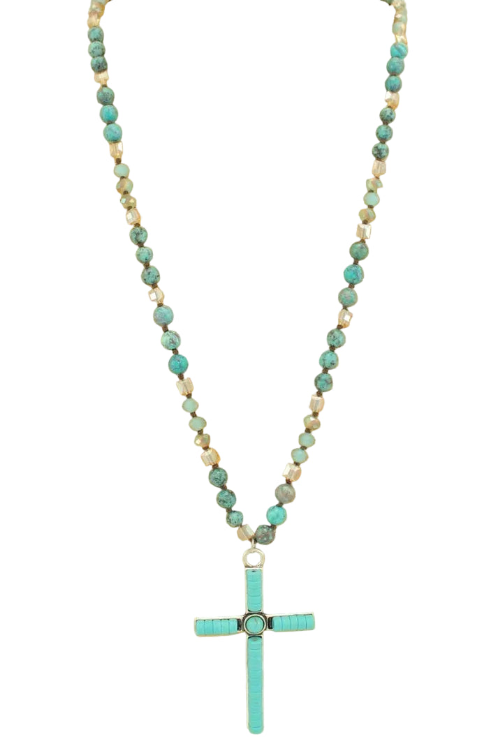 Long Beaded Necklace with Cross