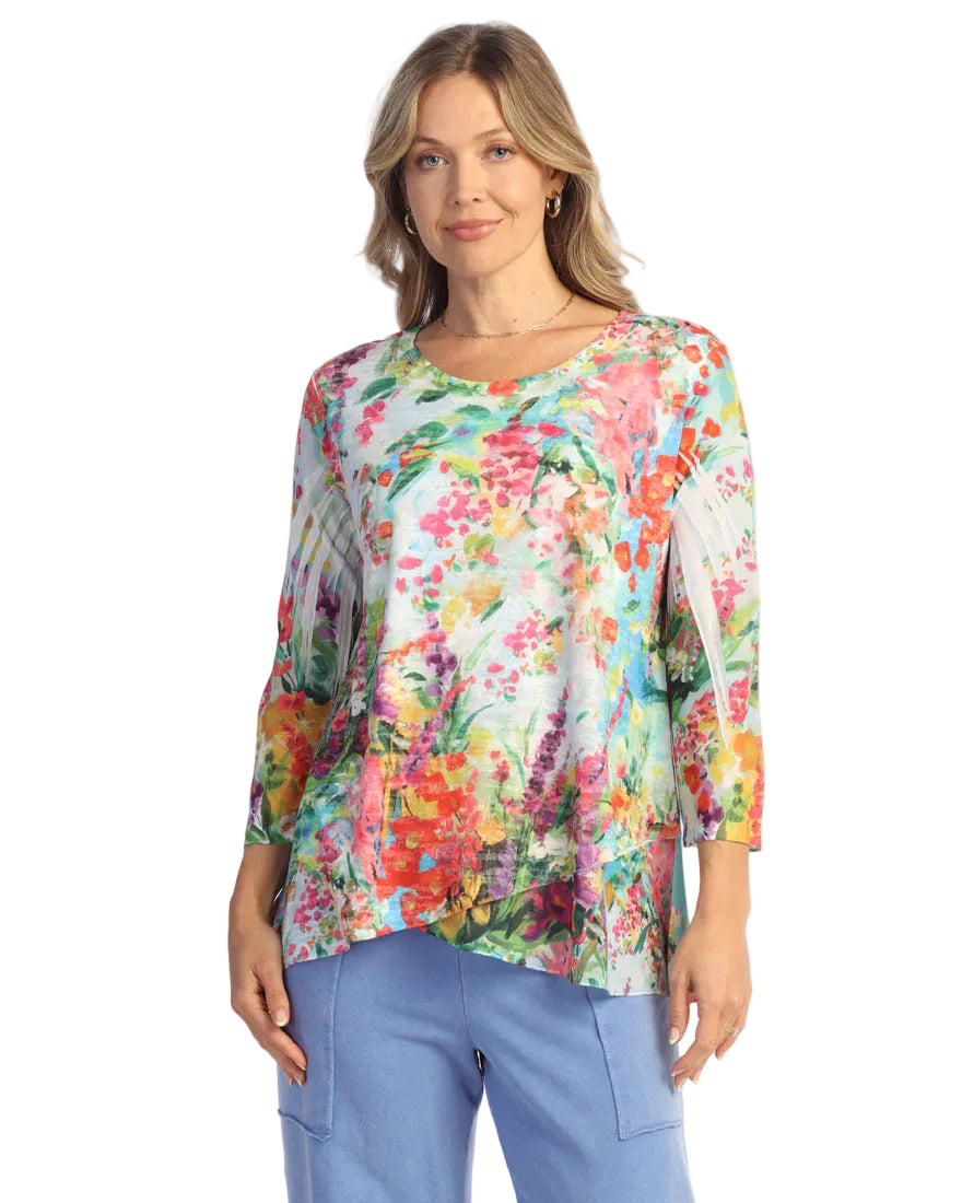 Burnout Tunic with Mesh Sleeves and Layered Hem - Emilia