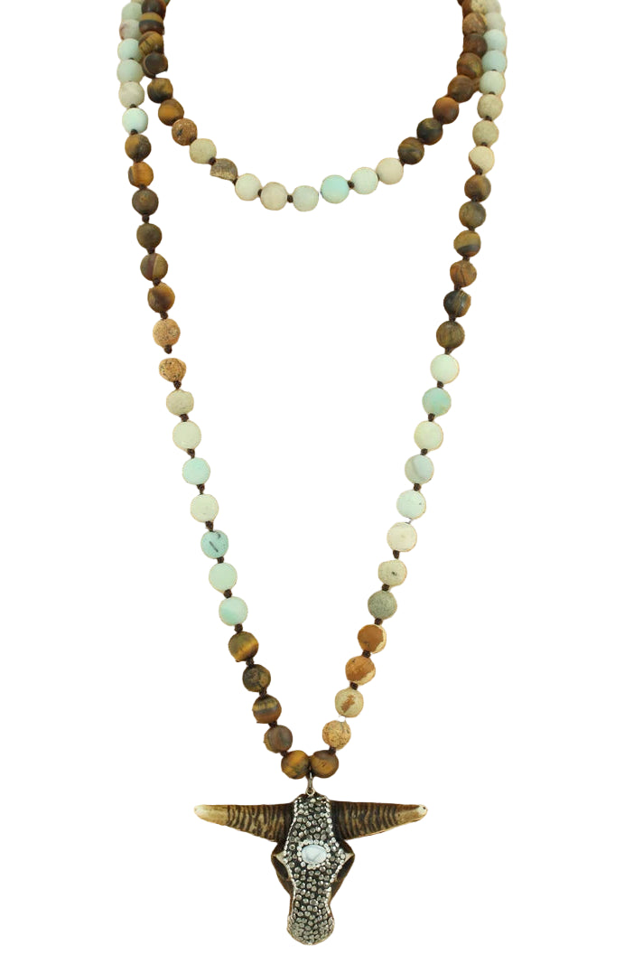 Long Beaded Necklace with Longhorn