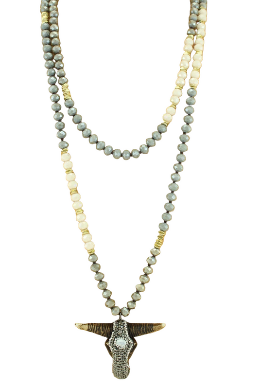 Double Long Beaded Necklace with Longhorn