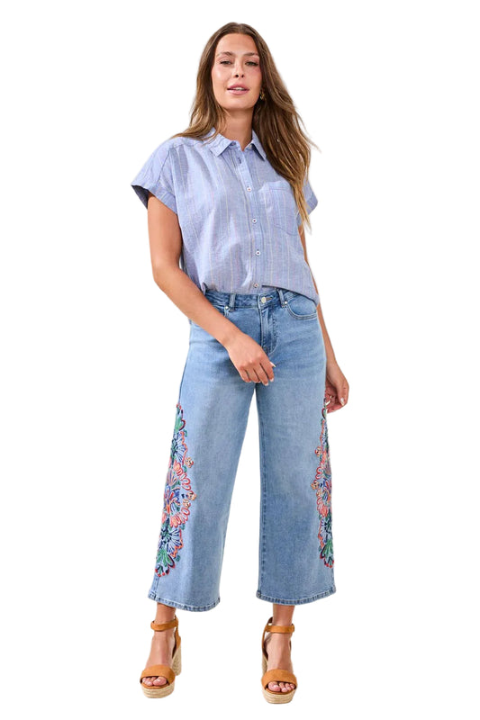Audrey Wide Crop Jeans with Fancy Embroidery