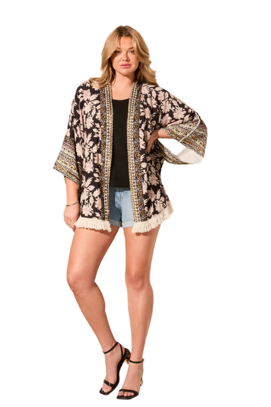 Embelished Kimono Sleeve Soft Fringed Jacket