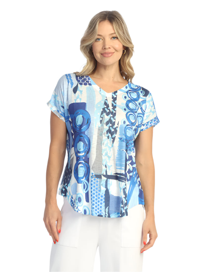 C-V-Neck Dolman Cap-Sleeve Top, Ocean Blue