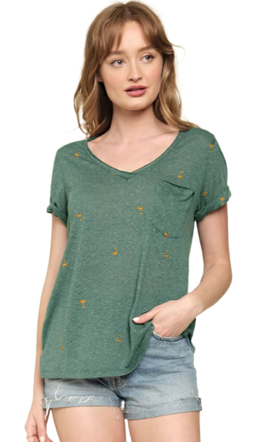Embroidered Rolled Up Sleeve Top