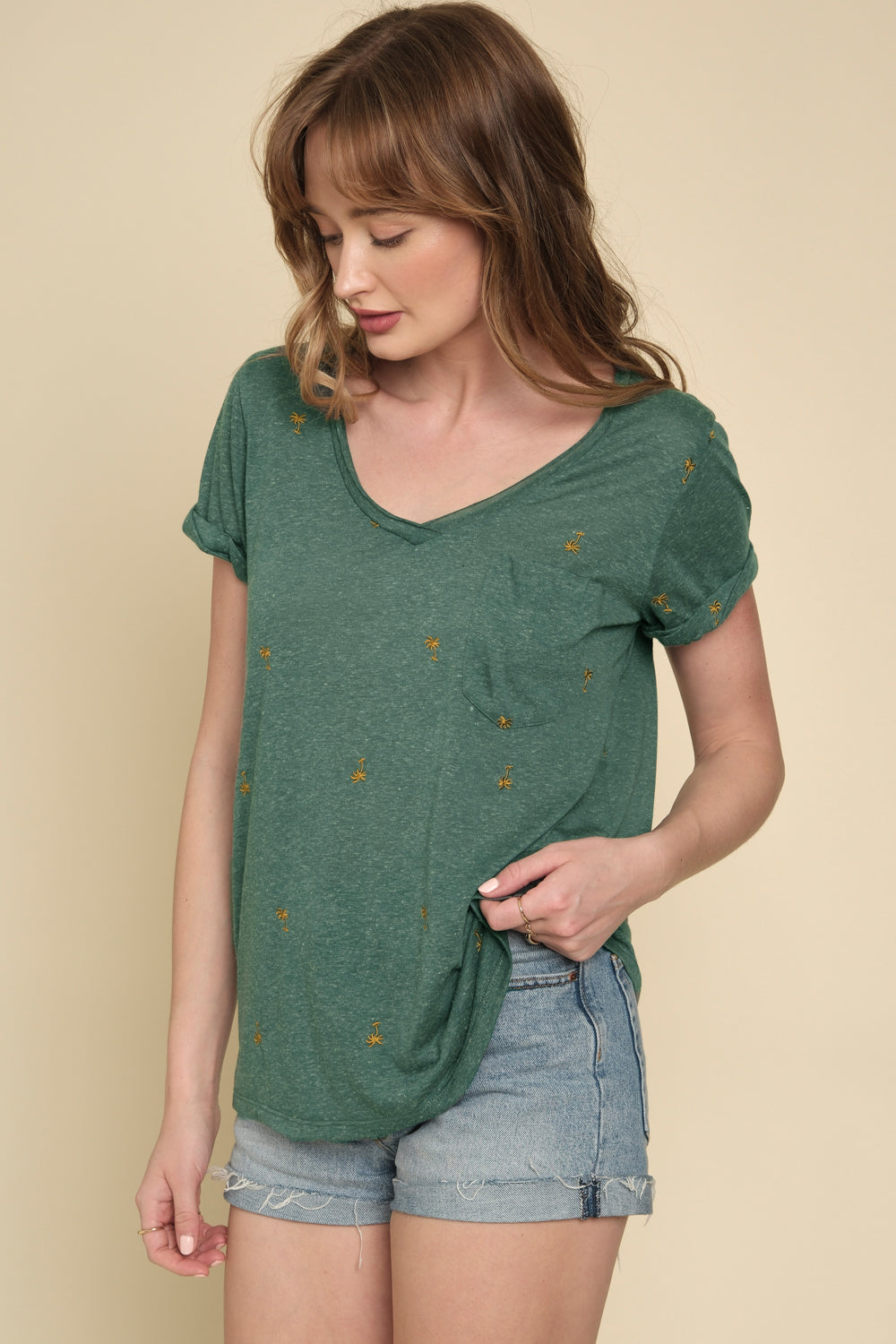 Embroidered Rolled Up Sleeve Top