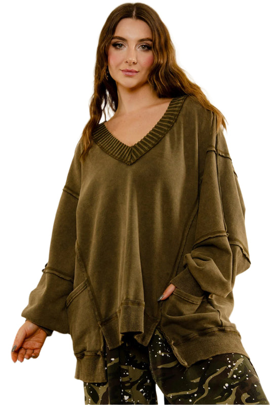 Mineral Washed V-Neck Oversized Top