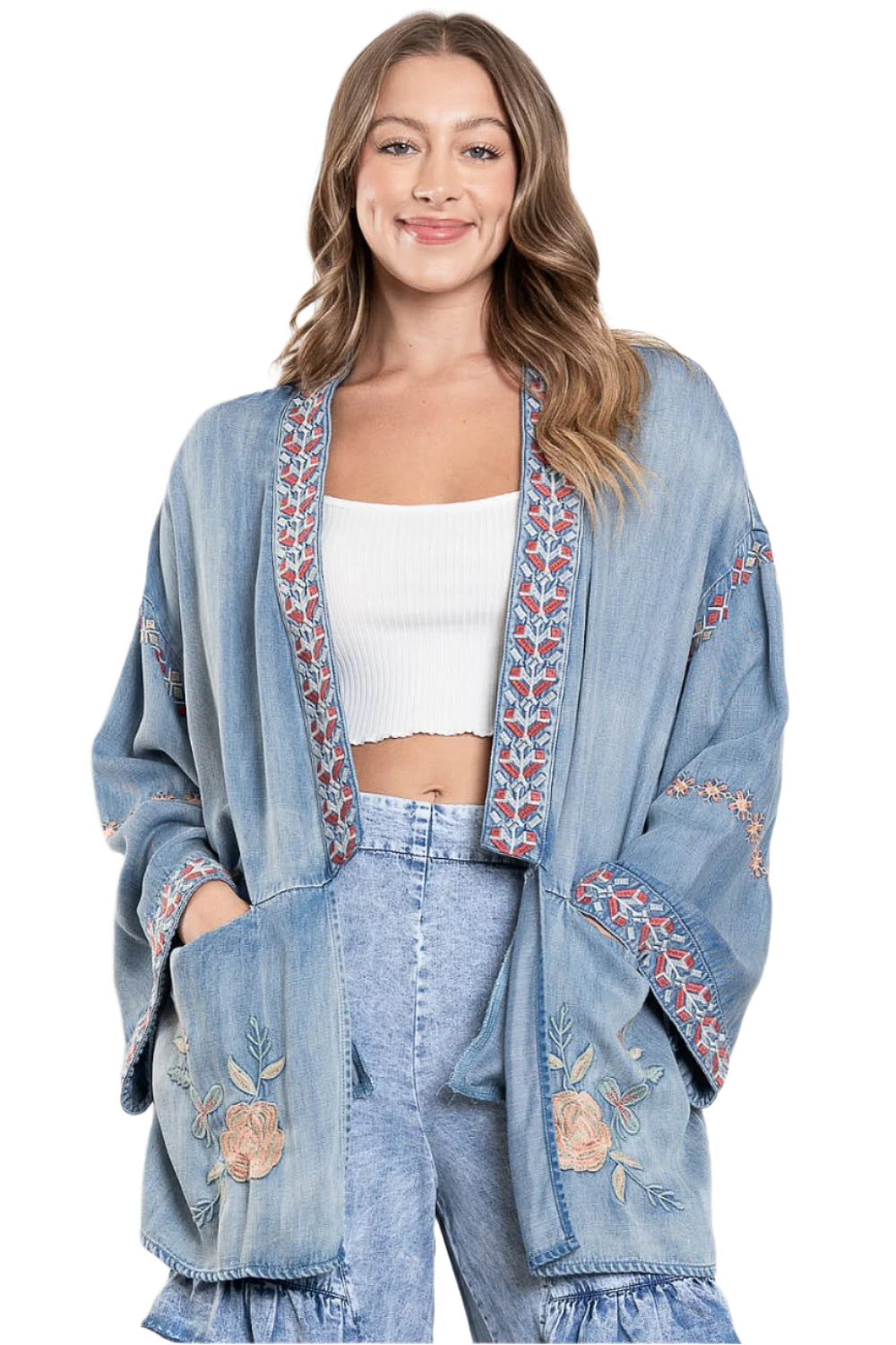 Embroidered, Washed Denim Duster