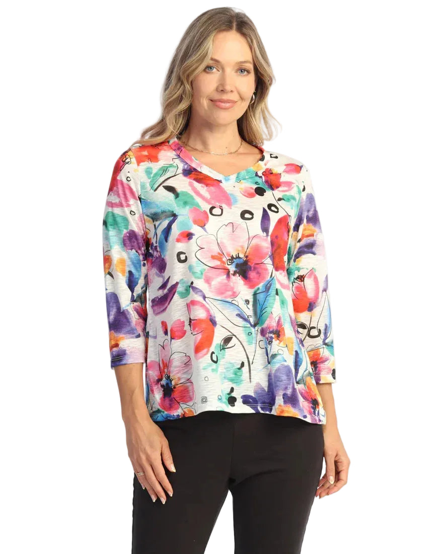 3/4 Slv V-Neck Side Slit Top - Watercolor