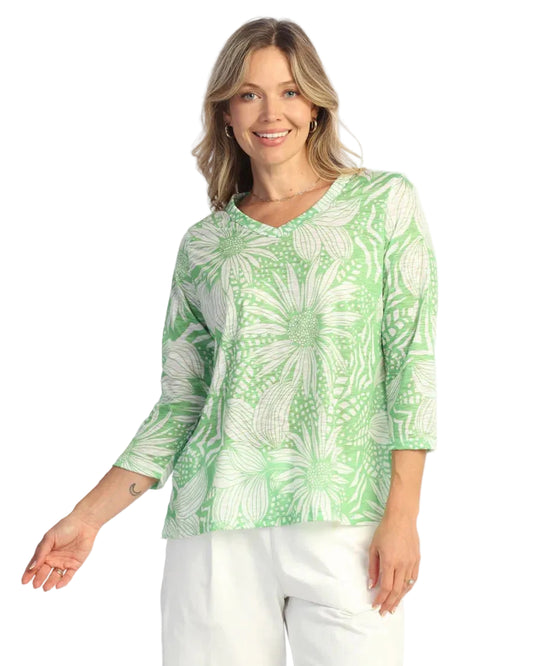3/4 Slv V-Neck Side Slit Top - Block Print