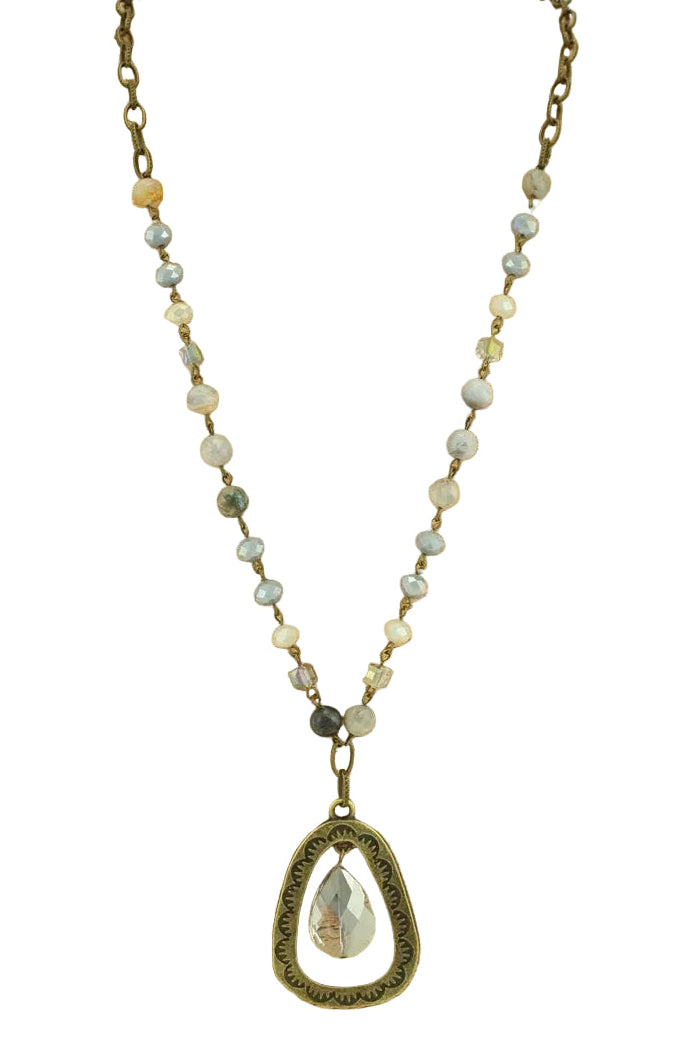 Long Mix Media Necklace with Crystal and Pendant