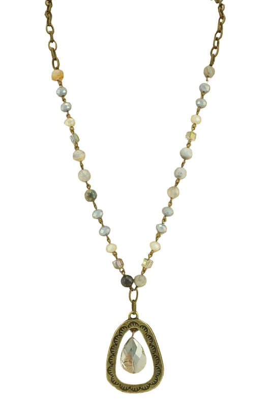 Long Mix Media Necklace with Crystal and Pendant