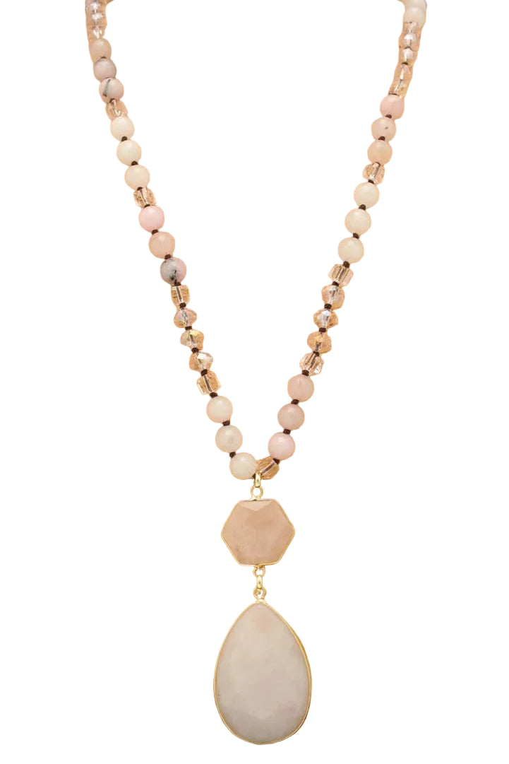 Long Beaded Necklace with Teardrop Pendant