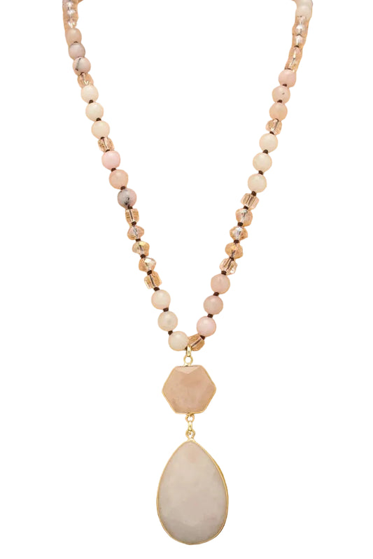 Long Beaded Necklace with Teardrop Pendant