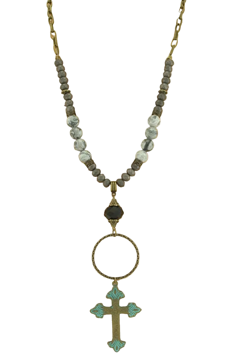 Long Mix Media Necklace with Cross