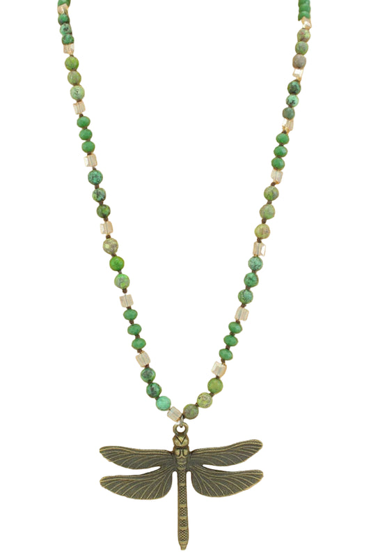Long Beaded Necklace with Dragonfly