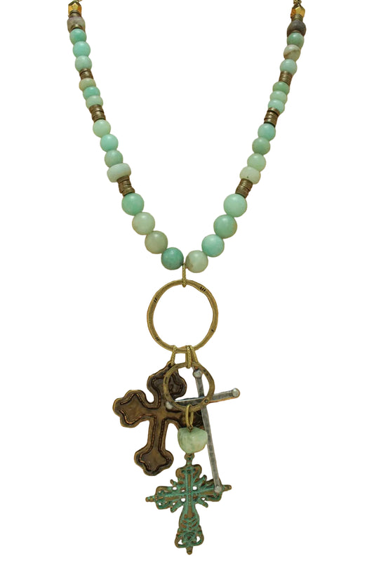 Mix Media Beaded Necklace with Multi Crosses Pendants