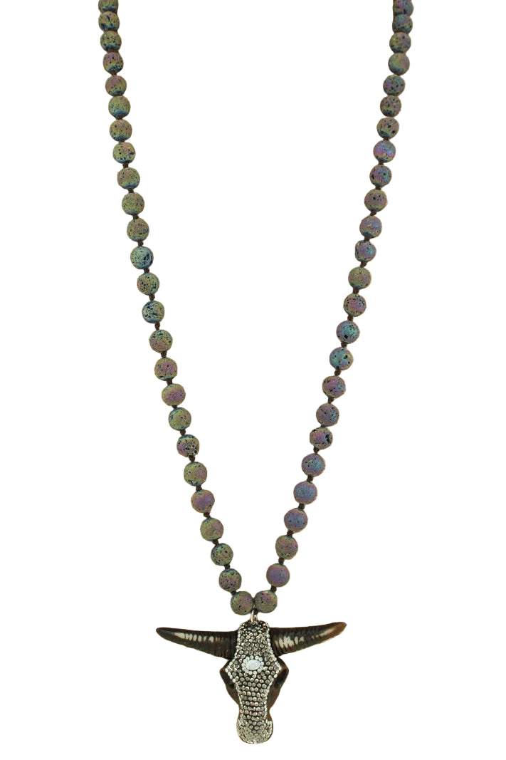 Long Beaded Necklace with Longhorn