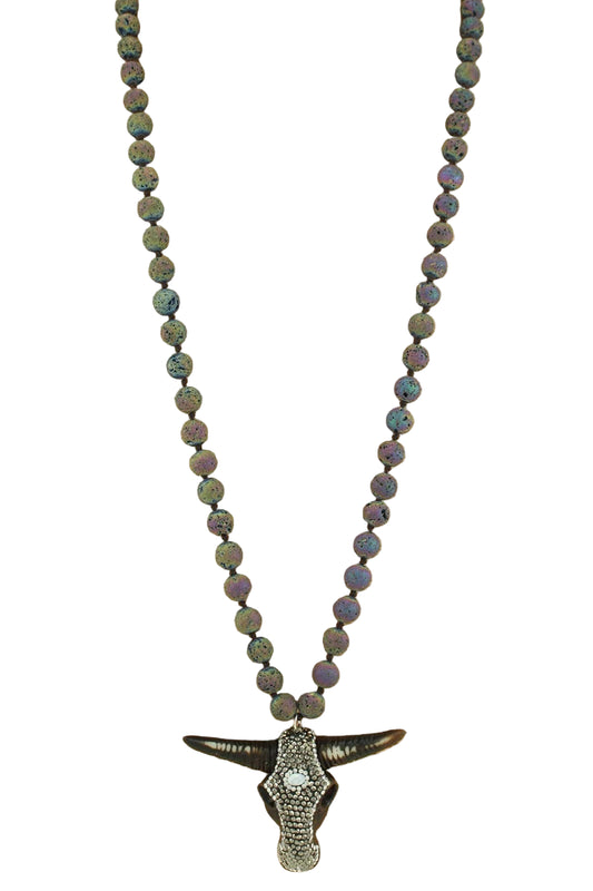 Long Beaded Necklace with Longhorn