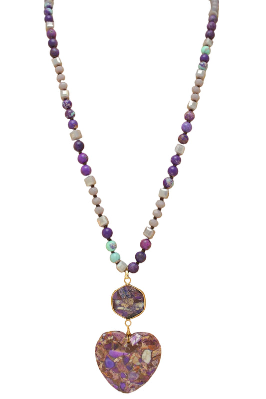 Long Beaded Necklace with Heart Stone Pendant