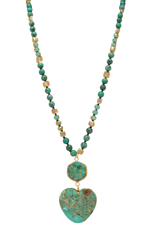 Long Beaded Necklace with Heart Stone Pendant