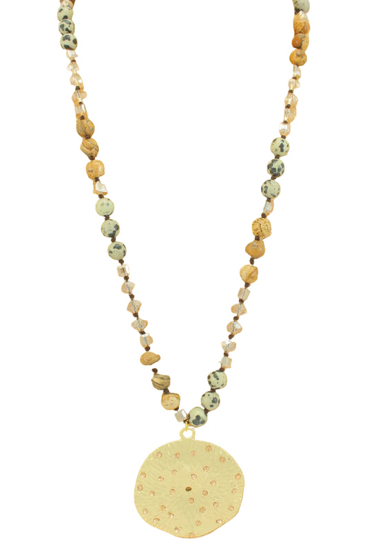 Long Beaded Necklace with Circle Pendant