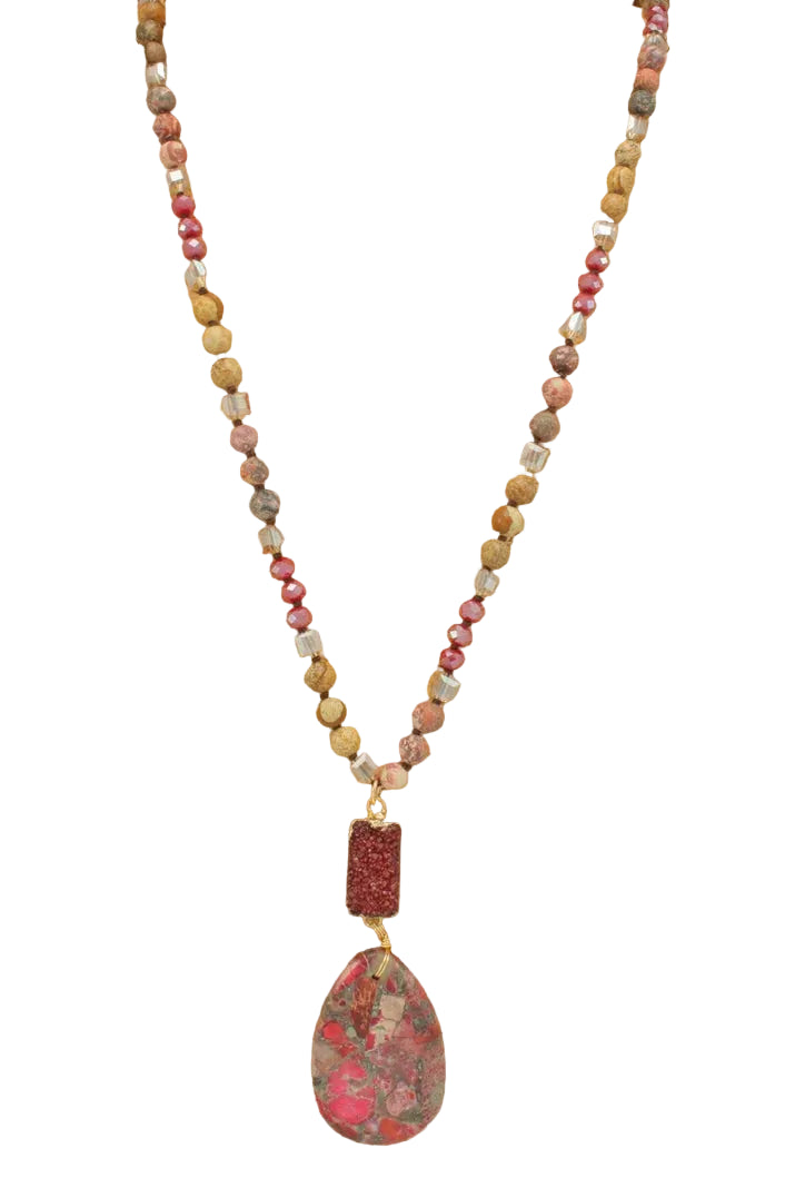 Long Beaded Necklace with Double Pendant