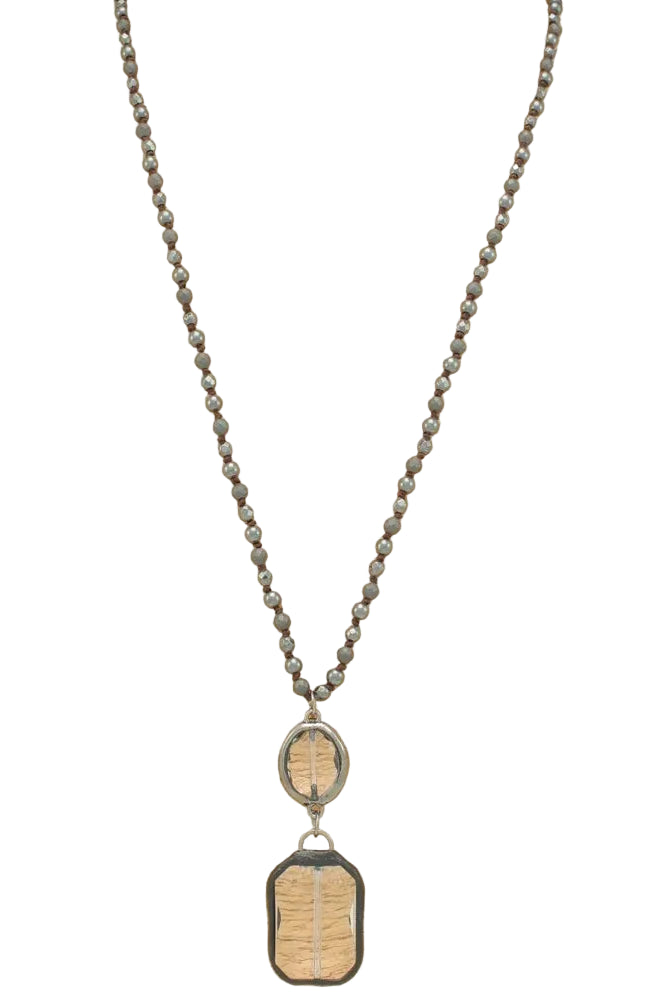 Long Beaded Necklace with Double Crystal Pendants