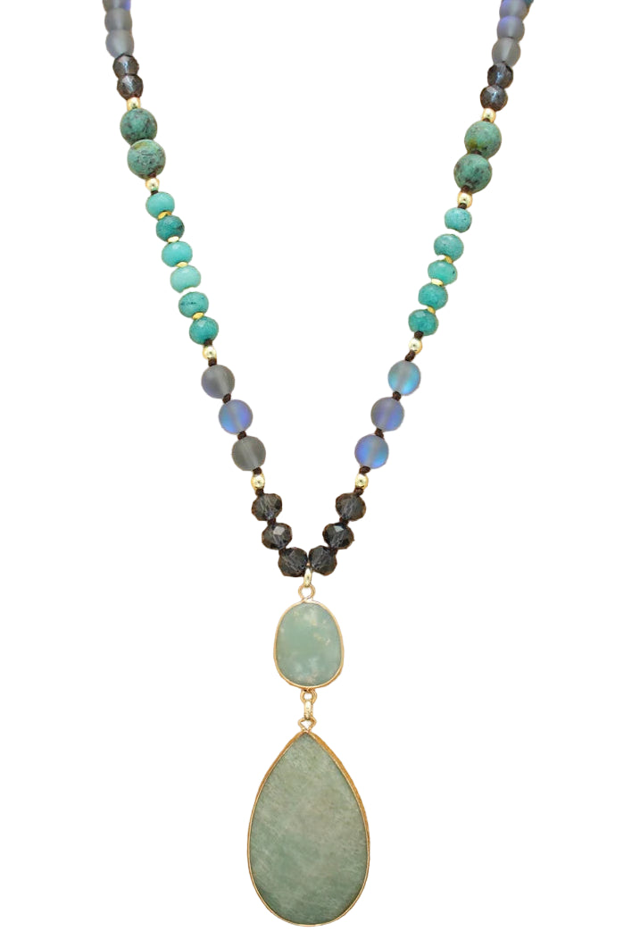 Long Beaded Necklace with Double Pendant